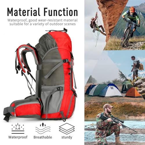 60L Hiking Backpack, Waterproof Camping Backpacking Backpack for Men Outdoor Traveling Climbing Daypack with Rain Cover (Red) - color: Red