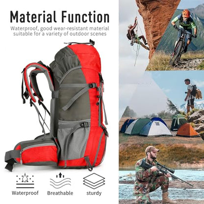 60L Hiking Backpack, Waterproof Camping Backpacking Backpack for Men Outdoor Traveling Climbing Daypack with Rain Cover (Red) - color: Red