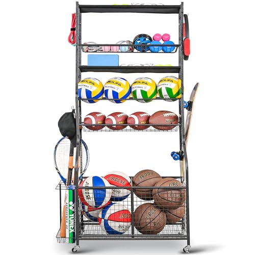 Mythinglogic Sports Equipment Garage Organizer,Garage Ball Storage for Sports Gear and Toys, Rolling Ball Cart with Wheels for Indoor/Outdoor Use - color: New Black