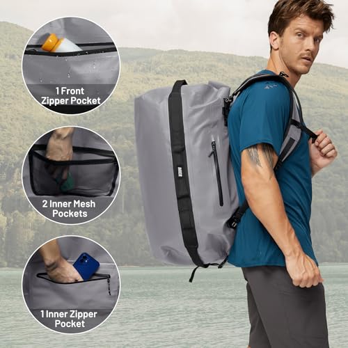 MIER Large Waterproof Duffel Bag - 60L/80L Dry Bag Backpack | Detachable Backpack Straps; Multi-Pockets; Roll-Top with Hook-and-Loop Closure; Motorcycle, Kayaking, Gym, Beach, Boating - color: Gray, size: 60L
