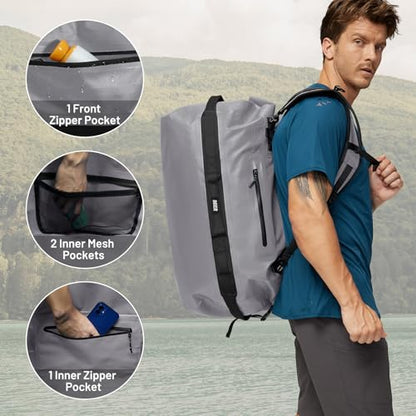 MIER Large Waterproof Duffel Bag - 60L/80L Dry Bag Backpack | Detachable Backpack Straps; Multi-Pockets; Roll-Top with Hook-and-Loop Closure; Motorcycle, Kayaking, Gym, Beach, Boating - color: Gray, size: 80L