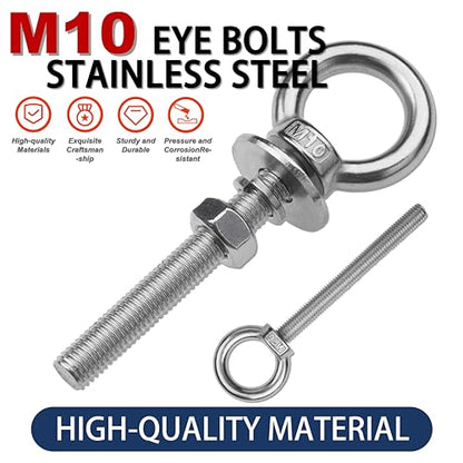 4 Pack M10 Stainless Steel Eye Bolts with Nuts,3/8" x 3" Eye Bolts | 304 Stainless Steel Eye Bolt,Eye Bolts Heavy Duty for Hang Tie Down Outdoor,3/8 eye bolts with nuts,m10 eye bolts - size: M10x77mm (3/8"x3")