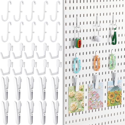 Kathfly 30pcs Pegboard Accessories 10 Clips 20 Hooks, Peg Board Accessory Kit for Wall Organizer Compatible with IKEA Skadis Pegboard, for Wall Organizer, Crafts Organization, Ornaments Display - color: White