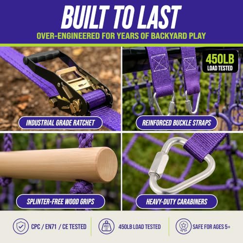 Trailblaze Ninja Warrior Obstacle Course for Kids - Ultimate Outdoor Fun 2x55 Ft Ninja Slackline Climbing Net Rope Ladder Trapeze Swing Monkey Bars - Durable and Safe Ninja Course for Kids Outside | 450lb Capacity Ultimate Outdoor Fun and Durable Ninja Co