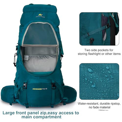 N NEVO RHINO Internal Frame Hiking Backpack 50/60/65/70/80L with Rain Cover | Backpacking Backpack with Padded Hip Belt, Multi-Pockets, Pole Loops, Waterproof Daypack for Men Women Climbing Camping - color: 20 Green, size: 75+5L