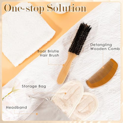 4PCS Boar Bristle Hair Brush Comb Set for Women Men Kid, Soft Natural Slick Back Hair Brush for Thin & Fine Hair, Travel Bag & Spa Headband Included - size: 1 Count (Pack of 4)
