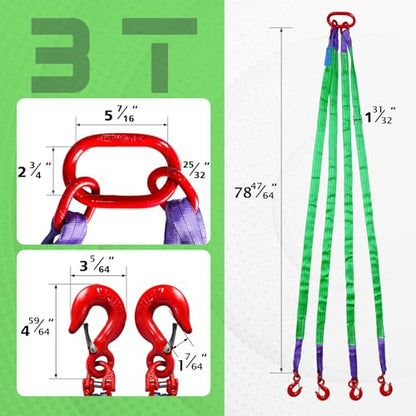 Four Leg Bridle Web Sling 7ft 6600lbs Lifting Slings with G80 Alloy Steel Grab Hooks Light Weight and Flexible Capacity Lifting Straps for Hoist Safe Towing and Handling of Cargo - size: 6600 lb / 7 ft