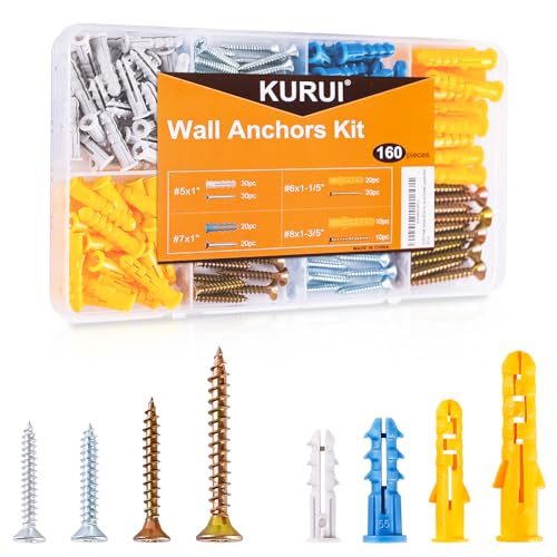 KURUI Wall Anchors Kit for Hanging Wall Art Decor, 160Pcs Drywall Anchors Assortment Kit for Frame Shelf Decorations, Plant Hooks, 80 Screws and 80 Plugs, Picture Hangers for Dry Wall Concrete Brick