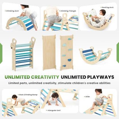 Pikler Triangle Set with Cushion, Wooden Climbing Toys for Toddler | Foldable 8-in-1 Montessori Philosophy Toddler Climbing Toys Indoor with Reversible Ramp, Arch and Ladder - Sky Blue - color: Sky Blue