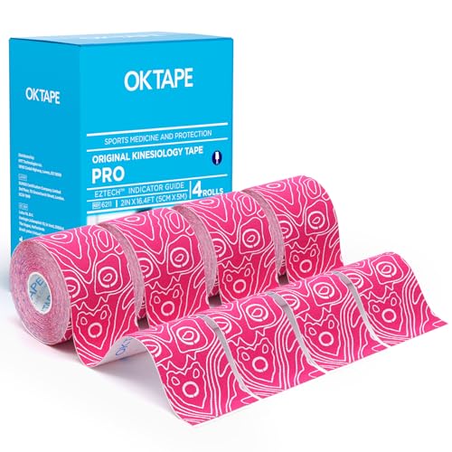 OK TAPE PRO Kinesiology Tape Uncut Roll Bulk, Elastic Physical Therapy Tape | 2 Inch Athletic Tape for Pain Relief, Muscle Support, Kinetic Tape, Water Resistant, 16.4Feet -Pink 4 Rolls - color: Pink, size: 4 pack