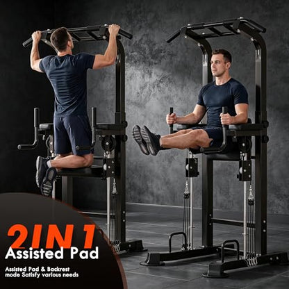 SogesPower Power Tower Multi-Function Pull Up Bar Station for Home Gym | 10-Level Height& 5-Level Armrest Adjustable,2-IN-1 Assisted Pad,Pull Up Dip Station Strength Training Workout Equipment - color: Black