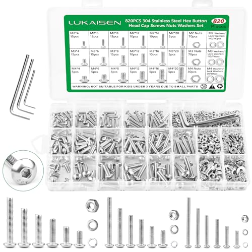 820Pcs Screw Assortment Kit, M2-M4 Stainless Steel Hex Button Cap Bolts | With Nuts & Flat Washers & Lock Washers & Wrench, Corrosion Resistant, Length 4-20mm, for 3D Printing, DIY, Home - size: SS M2 M3 M4 820pcs 2