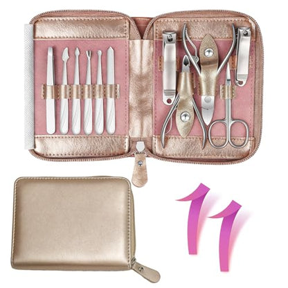 Manicure Set 11 in 1 Stainless Steel Nail Clippers for Men，Manicure Kit for Women，Nail Grooming Kit，Nail Clipper Set，Personal Care Tools（Champagne Colour） - color: Champagne Colour