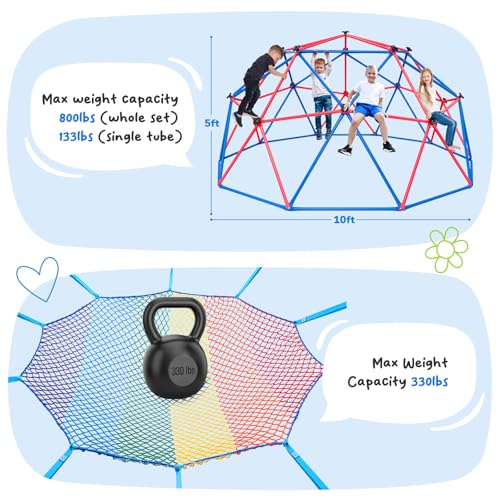 Hapfan Climbing Dome with Climbing Cargo Net, 10 ft Dome Jungle Gym with Hammock for Kids Outdoor Playset Monkey Bars Backyard (Red and Blue) - color: Red and Blue
