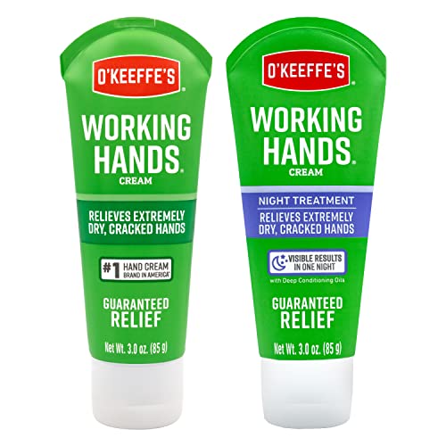 O'Keeffe's Working Hands Hand Cream Plus Night Treatment Cream Bundle - 3 oz Tubes (2 total) - Repairing Skincare for Cracked, Dry Hands - size: 3 Ounce (Pack of 2), style: 3oz Set