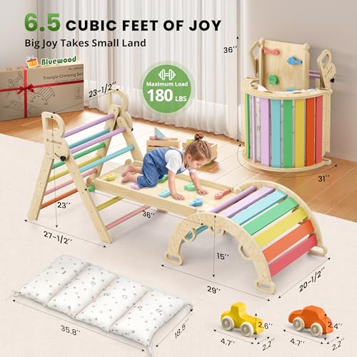 BlueWood Pikler Triangle Set with Cushion, Wooden Climbing Toys for Toddler | Foldable 9-in-1 Montessori Philosophy Toddler Climbing Toys Indoor with Reversible Ramp, Arch and Ladder - Rainbow - color: Rainbow