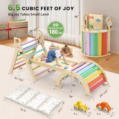 BlueWood Pikler Triangle Set with Cushion, Wooden Climbing Toys for Toddler | Foldable 9-in-1 Montessori Philosophy Toddler Climbing Toys Indoor with Reversible Ramp, Arch and Ladder - Rainbow - color: Rainbow