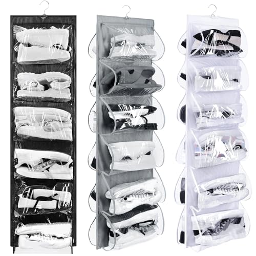 Barydat 3 Pcs Dual Sided Hanging Shoe Organizer 12 Clear Pockets Mesh Hanging Shoe Rack Holder with Rotating Hanger for Closet Storage Men Women Handbags Kids Clothing, Grey, White and Black