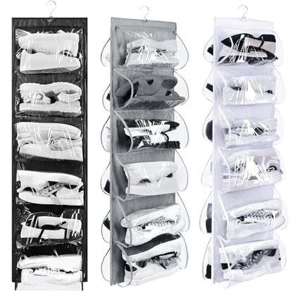 Barydat 3 Pcs Dual Sided Hanging Shoe Organizer 12 Clear Pockets Mesh Hanging Shoe Rack Holder with Rotating Hanger for Closet Storage Men Women Handbags Kids Clothing, Grey, White and Black