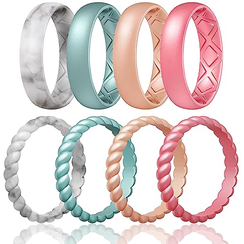 Egnaro Women's Stackable Silicone Rings, 2.5/5.5mm Wide 1.8/2mm Thick Bands | Comfort-Fit Rubber Bands Offer Breathable Flexibility for Nurses, Workouts, Pregnancy, Yoga, Travel, Office, and All-Day Wear - color: SETB3-Marble, Metallic Blue, Light Rose Go