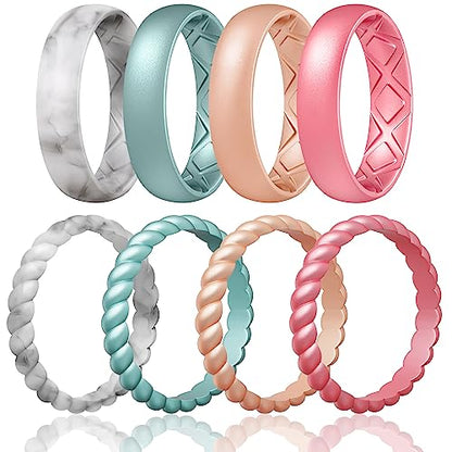 Egnaro Women's Stackable Silicone Rings, 2.5/5.5mm Wide 1.8/2mm Thick Bands | Comfort-Fit Rubber Bands Offer Breathable Flexibility for Nurses, Workouts, Pregnancy, Yoga, Travel, Office, and All-Day Wear - color: SETB3-Marble, Metallic Blue, Light Rose Go