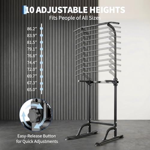 Power Tower Home Gym Strength Training Station Adjustable 10 Height Levels, Heavy-Duty Chin-Up Tower with Parallel Dip Handles, Bodyweight Workout Equipment for Pull-Ups, Dips, Knee Raises, Push-Ups, 330 Lb Capacity - color: Black