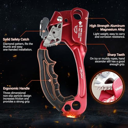 UIAA & CE Certified Rope Ascender Aluminum Alloy Rock Climbing Gear Strong Rigging Rappelling Equipment for Rock Tree Climbing Arborist Rescue Mountaineering Caving - color: Left Hand Red 1