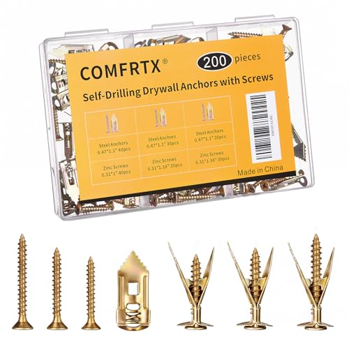 200PCS Self Drilling Drywall Anchors with Screws Kit Metal | Heavy Duty Expansion Grip Wall Anchors with 3 Screw Sizes for Sheetrock, Picture Frames, Curtain Rods, Shelves & Home Decor