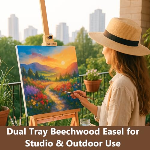 Wooden H-Frame Studio Easel with Storage Drawer and Palettes,Natural | Solid Beechwood Painting Easel for Students, Beginners, and Artists, Hold Canvas to 36Inches High - style: Side Trays Natural
