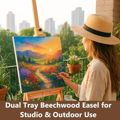 Wooden H-Frame Studio Easel with Storage Drawer and Palettes,Natural | Solid Beechwood Painting Easel for Students, Beginners, and Artists, Hold Canvas to 36Inches High - style: Side Trays Natural