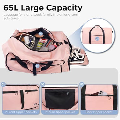 Fmeida 65L Duffle Bag with Shoes Compartment, Foldable Travel Duffel Bags for Men Women, Large Packable Travel Bag Water Repellent & Tear Resistant (Light Pink) - color: Glossy Light Pink