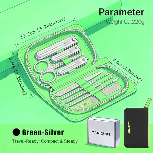 9-in-1 Manicure and Pedicure Kit for Men & Women, Travel Nail Clipper Set with Stainless Steel Tools & Glass Nail File, Portable Grooming Kit in PU Leather Case, Personal Care Gift - color: Green-Silver