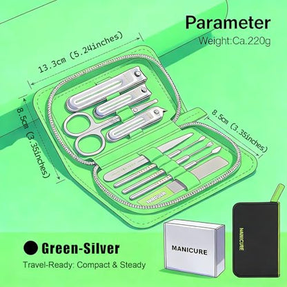 9-in-1 Manicure and Pedicure Kit for Men & Women, Travel Nail Clipper Set with Stainless Steel Tools & Glass Nail File, Portable Grooming Kit in PU Leather Case, Personal Care Gift - color: Green-Silver