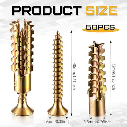 Moxweyeni 50 Pack 6 x 32 mm Heavy Duty Hollow Wall Anchors with Screws Loose Hinge Hole Repair Kits for Hinge Hole Repair and Concrete, Hollow, and Wood Walls