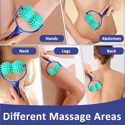 Spiky Massage Balls Rollers with Dual Ball Design, Manual Massage Stick | Lightweight and Portable Point Muscle Massages Tool with Ergonomic Handle, Pain Relief for Back Neck Shoulder Leg - color: Green
