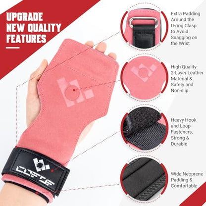 COFOF Weight Lifting Wrist Strap, Double Layer Leather Wrist Strap for Deadlift and Powerlifting, Adjustable Neoprene Padded Gym Workout Lifting Hooks (Pair) - color: Pink