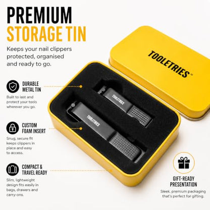 TOOLETRIES Premium Nail Clipper Kit with Travel Tin - Black | Premium grooming kit featuring stainless steel finger & toenail clippers in a reusable tin: for home, travel & gifting.