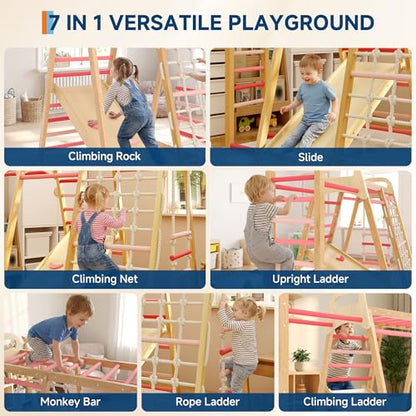 7-in-1 Wooden Jungle Gym, Indoor Kids Climbing Playset for Toddlers - color: Rainbow