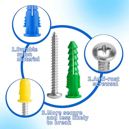 70 Pcs Drywall Screws and Anchors, Drywall Anchors and Screws Kit, Heavy Duty Concrete Screw Set with Wall Anchor Set for Plasterboard Masonry Concrete Brick Cement Walls Picture Hanging Set