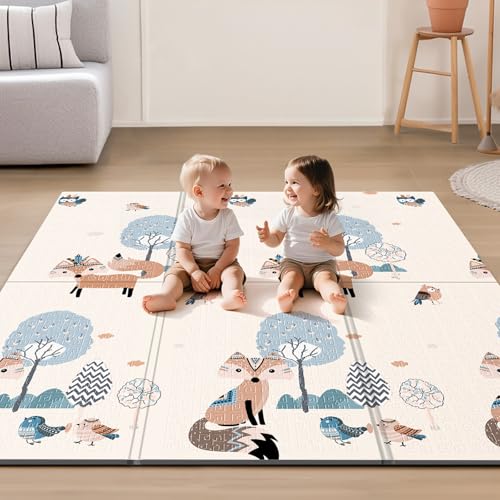 UANLAUO 59"" x 59"" Foam Baby Play Mat - Foldable Play Mats for Floor, Thick Foam Mats for Kids Reversible Educational Crawling Mat for Infants 6-12 Months & Toddlers, Easy Clean Playmat - color: FOX-A, size: 59X59X0.4 Inch