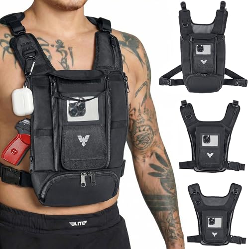 Elite Sports Running Vest w/Phone Holder, Gun Holster for Men/Women, Reflective Lightweight Chest Pack w/Touch Friendly Phone Sleeve, Camera Pocket - Chest Rig for Hiking, Trail, Marathon, Camping - size: Large