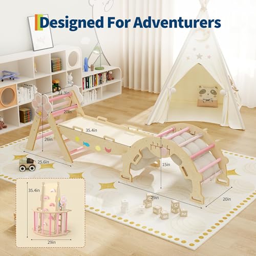 OUTLANE Pikler Triangle Set, 7-in-1 Foldable Wooden Toddler Climbing Toys Indoor, Jungle Gym for Toddlers, Large Montessori Climbing Set with Reversible Slide, Arch Ramp, Ladder & Cushion (Pink) - color: Pink