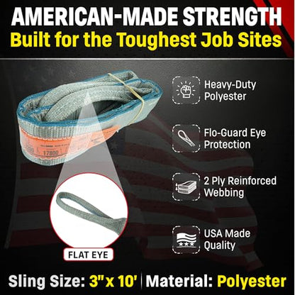 Chenango Supply Eye & Eye 2 Ply Rigging DD Slings | USA-Made, Heavy Duty, Marine Flo Guard Polyester, for Lifting & Material Handling (Multiple Sizes and Capacities) - size: 3" x 10'
