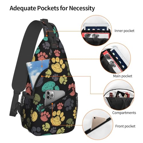 Colorful Paw Print Crossbody Sling Bags for Women Men Rainbow Puppy Dog Paws Doodle Style Travel Sling Backpack Casual Chest Shoulder Bag Cute Animal Footprint Gym Sports Hiking Daypack - color: Green Yellow