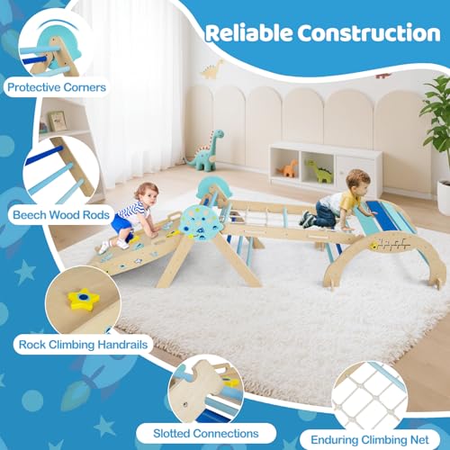 Costzon Pikler Triangle Set, 9-in-1 Foldable Baby Climbing Toys, Wood Montessori Climbing Set for Learning and Motor Skills, Indoor Playground Jungle Gym for Toddlers 3+ Climber Gifts (Blue) - style: 9 in 1 Arch Climber Ladder, Blue