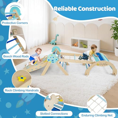 Costzon Pikler Triangle Set, 9-in-1 Foldable Baby Climbing Toys, Wood Montessori Climbing Set for Learning and Motor Skills, Indoor Playground Jungle Gym for Toddlers 3+ Climber Gifts (Blue) - style: 9 in 1 Arch Climber Ladder, Blue