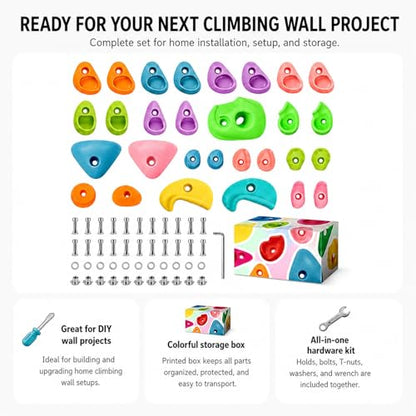 36 Pack Rock Climbing Holds with M10 Hardware, Textured Resin Wall Grips | Assorted shapes for route setting; fits garage & home gym wood walls; 230lb capacity; adult install required