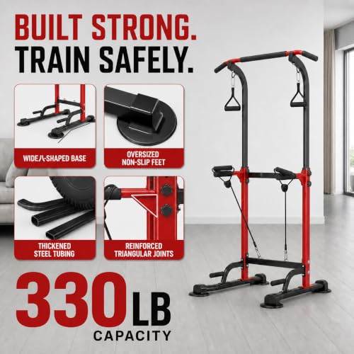 Power Tower Pull Up Bar,Pull-Up Rack Dip Station,Height Adjustable Multi-functional Home Strength Training Gym Equipment, Save Space,People Below 6 feet - color: Red