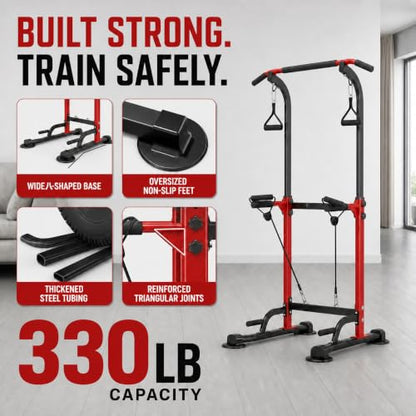 Power Tower Pull Up Bar,Pull-Up Rack Dip Station,Height Adjustable Multi-functional Home Strength Training Gym Equipment, Save Space,People Below 6 feet - color: Red
