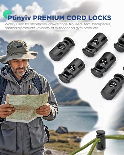 Ptinyiv 12Pcs Cord Lock, Cord Locks for Drawstrings, Black Plastic Spring Toggle Stoppers, Reliable Cord Fastener Clips for Paracord, Shoelaces, Bags, Clothing, and DIY Projects